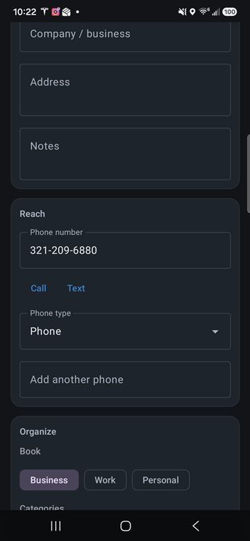 Reach section showing the phone number read from the cropped photo
